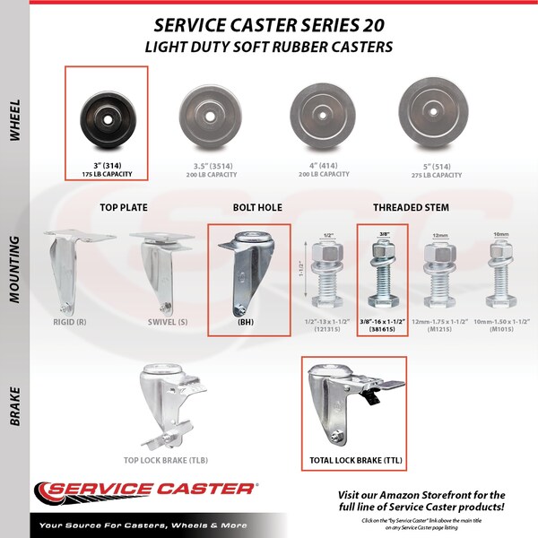 3 Inch Soft Rubber Wheel Swivel 3/8 Inch Stem Caster with Total Lock Brake SCC